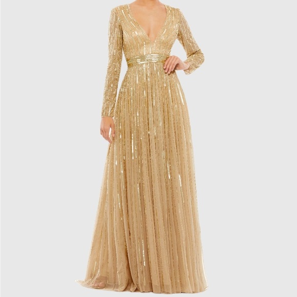 Mac Duggal | As-Is Sequined V Neck Illusion Sleeve A Line Gown - Picture 1 of 5